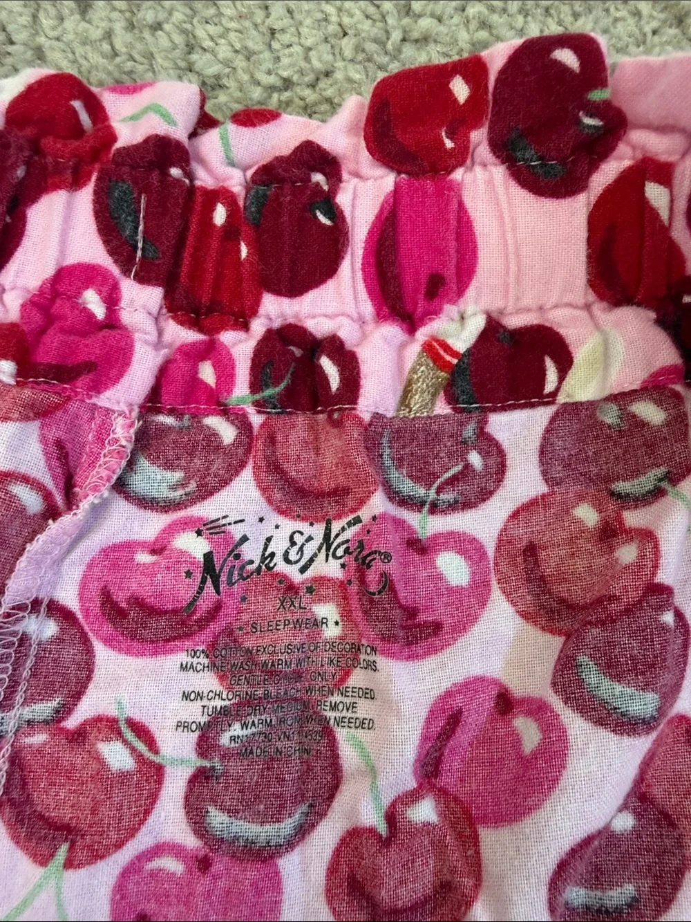 Nick & Nora Red Pink Sock Puppet Cherry Print Cotton Pajama Pants XXL Polka Dot
